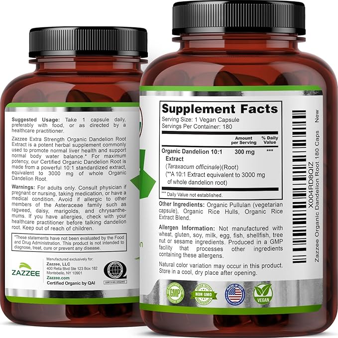 Zazzee USDA Organic Dandelion Root 10:1 Extract, 3000 mg Strength, 180 Capsules, 6 Month Supply, Standardized and Concentrated 10X Extract, 100% Vegetarian, All-Natural and Non-GMO