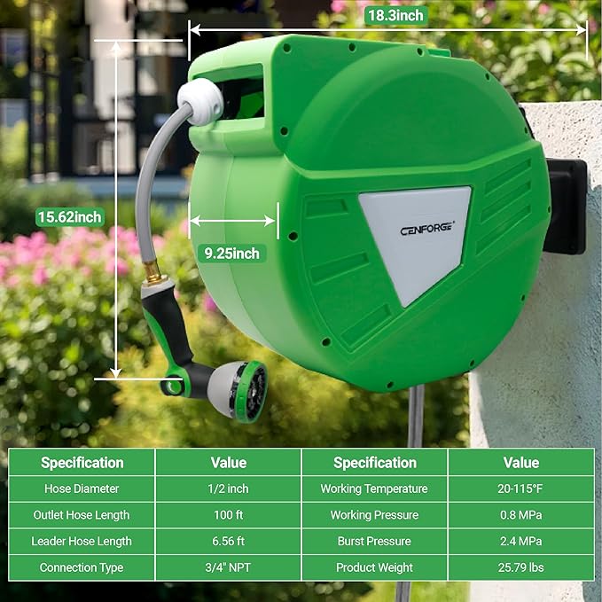 Retractable Garden Hose Reel, 1/2 in x 100 ft, Wall Mount Hose Reel, with 180° Swivel Bracket, Automatic Slow Return System, Any Length Lock for Outside
