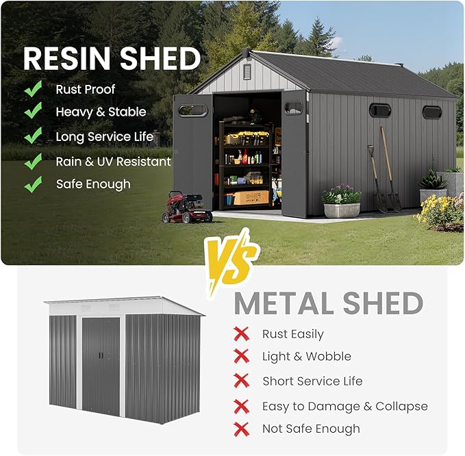 CRESTLIVE 8x12 FT Rust-Resistant Plastic Outdoor Storage Shed, Waterproof Resin Garden Shed with Floor, Doors, Skylight & Vent for Lawn Tools & Bikes