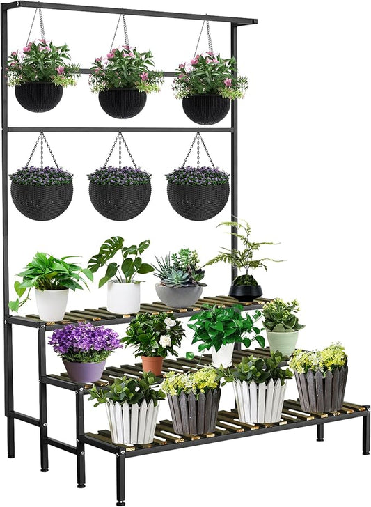 Large Plant Stand Indoor Outdoor, 3 Tier Heavy Duty Hanging Plant Stand with Bar, 60 Inch Tall Metal & Wood Ladder Shape Plant Shelf, Black Plant Display Rack Plant Shelves for Garden Patio Balcony