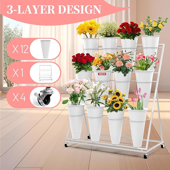 Flower Display Stand with Buckets, 3-Layers 12 PCS Buckets Plant Stand with Wheels, Movable Metal Plant Stand for Terrace Garden, Living Room, Florist Shop (White Frame - White Buckets, 3-Tier)