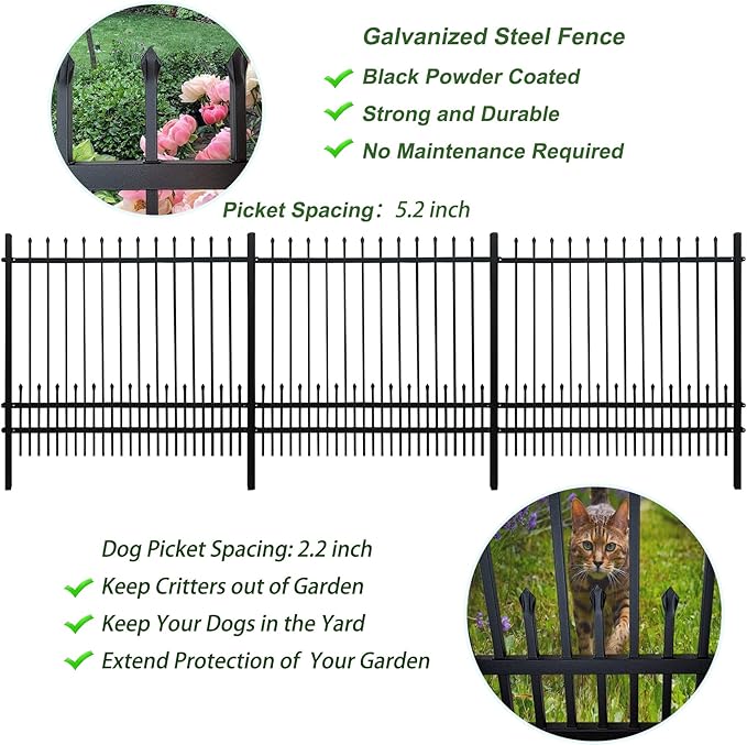 Metal Fence Panels with Dog Pickets, 6ft H x 6.5ft W Galvanized Steel Fence DIY Installation for Outdoor Garden Fence incl. 1 Fence Post, Wrought Iron Style Steel Fencing, Black (Upgraded)
