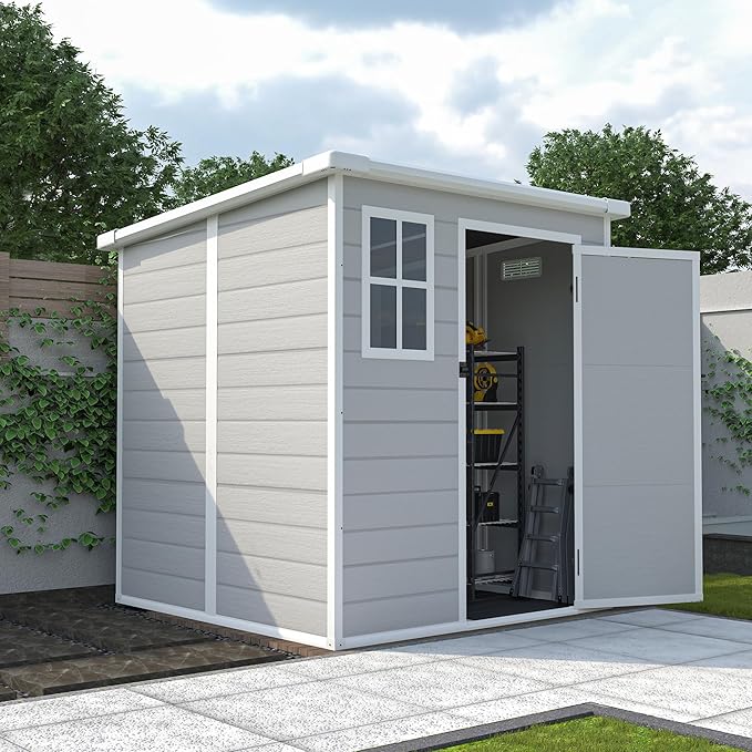 6x6 FT Storage Shed,Garden House with Lockable Doors and Vents,Waterproof Resin Outdoor Tool Cabinet W/Floor & Window,for Bicycles,Lawnmowers,Lawn,All Weather Use,Light Gray