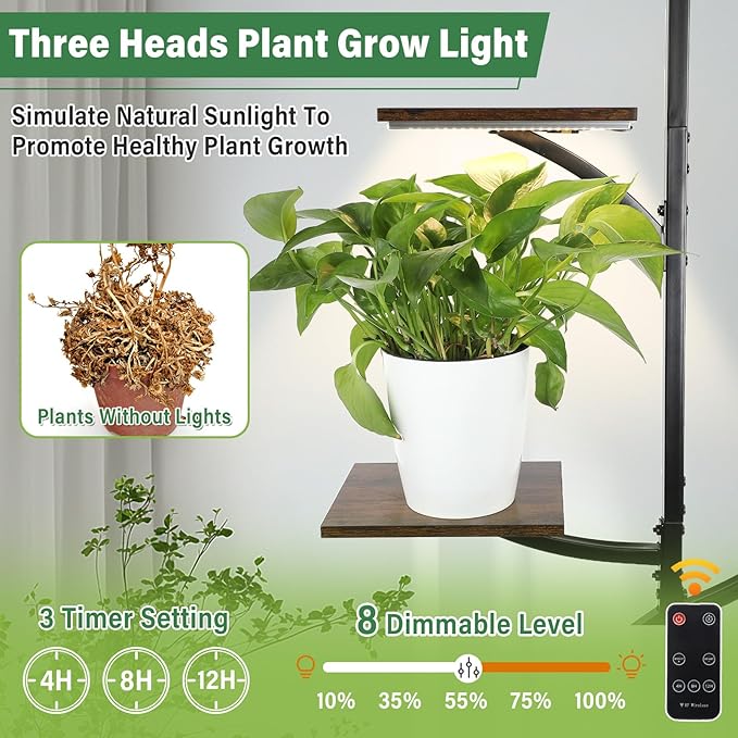 Indoor Plant Stand with Grow Light, 60" Tall Corner Plant Stand, 7 Tiered Metal Planted Shelf Rack with Wheels, Large Flower Holder for Home Living Room Patio Garden (Black)