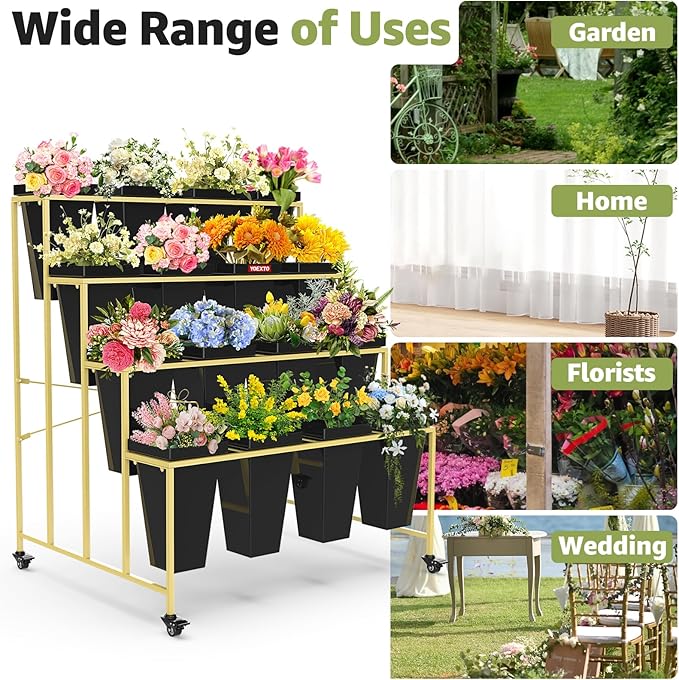 4 Layers Flower Display Stand with Buckets, 16 PCS Buckets Plant Stand with Wheels, Movable Metal Plant Stand for Terrace Garden, Living Room, Florist Shop