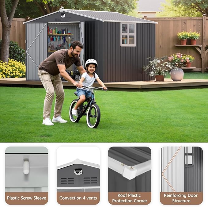 10x8 FT Outdoor Storage Shed, Metal Sheds & Outdoor Storage, Waterproof Sheds with Lockable Doors for Backyard