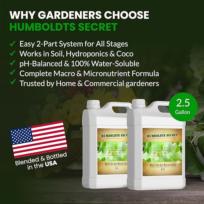 Humboldts Secret Base A & B Liquid Hydroponic Fertilizer | Complete Hydroponic Nutrients for Indoor and Outdoor Plants | Supports Healthy Vegetative Growth and Flowering Stage | 2.5 Gallon