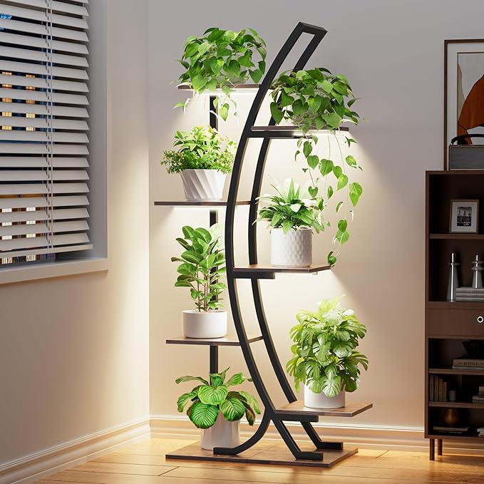 JUSTOGO Plant Stand Indoor with Grow Lights, 47" 7-Tier Corner Plant Shelf Rack, Multi-Pot Holder Display Stand for Plants, Flowers - Garden, Patio, Living Room Decor, Black
