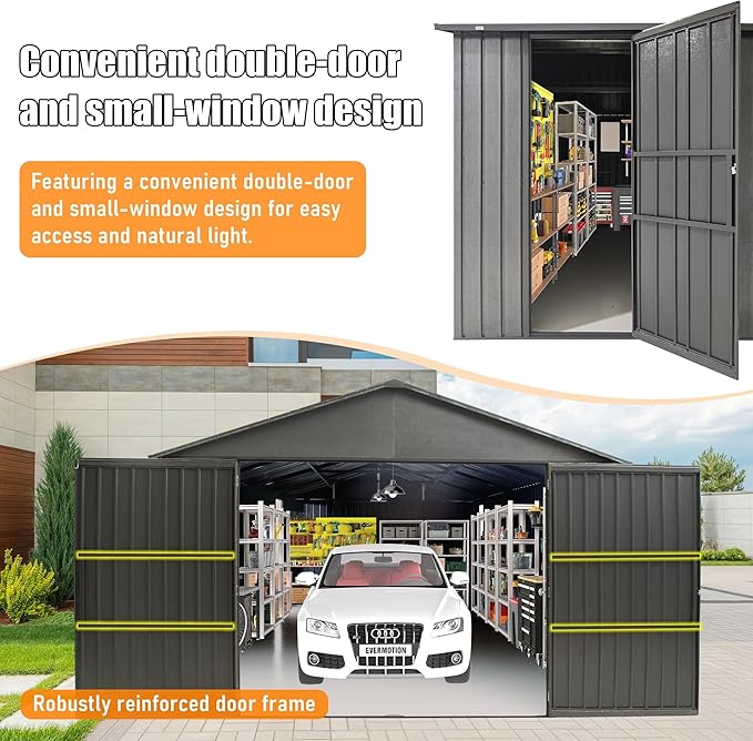 12x25FT Metal Storage Shed, a Metal Garage Shed or Heavy Duty Carport, Lockable Double Hinged Doors, Extra Large Car Shelter for Car Truck Motorcycle Lawn Equipment, Wind Resistant