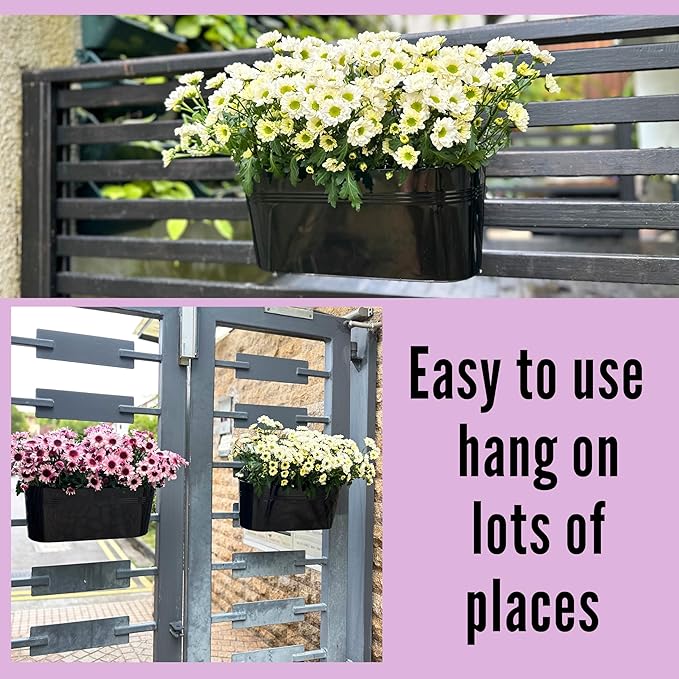 LaLaGreen Outdoor Plants Rail Planter (16 Inch, 2 Pack) Black Metal Iron Hanging Flower Oval Pots Railings Fence Buckets Modern Boho Style Wall Mount Window Boxes Plant Holder Hooks Porch Home Decor