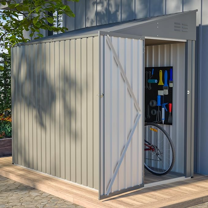4x7 FT Outdoor Storage Shed,Lean to Lockable Metal Garden Shed Steel with Reinforced Beams,All Weather Waterproof Storage House W/Lockable Door&2 Air Vents,for Backyard,Patio,Lawn,Garden,Gray