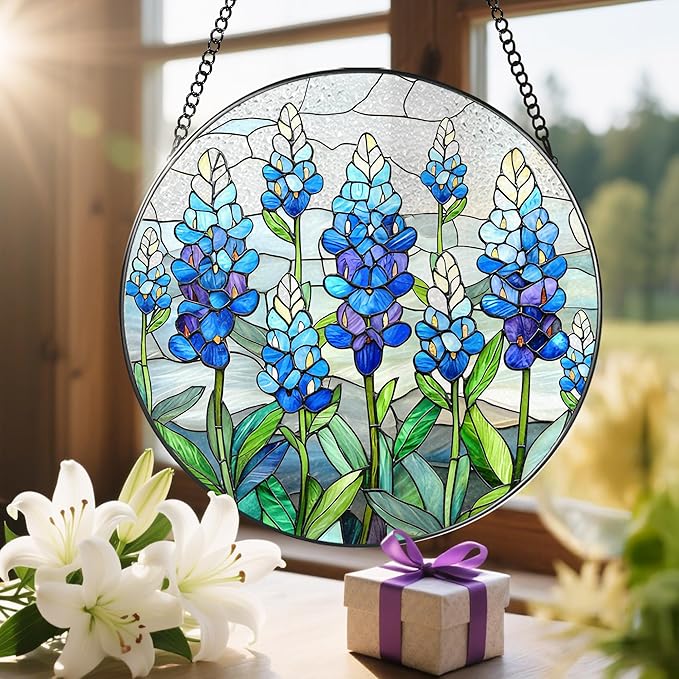 8'' Texas Bluebonnet Sun Catcher Ornament, Stained Glass Window Hanging, Suncatchers for Windows Hanging Ornaments, Window Decor | Flower Lover Gift, Gifts for Mom Grandma