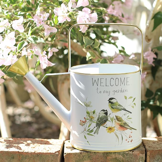 Vintage Metal Watering Can with Gold Accents & Bird Floral Welcome to My Garden Design Garden Decorative Watering Pot Farmhouse Waterer for Home Indoor Outdoor Balcony Courtyard (White)