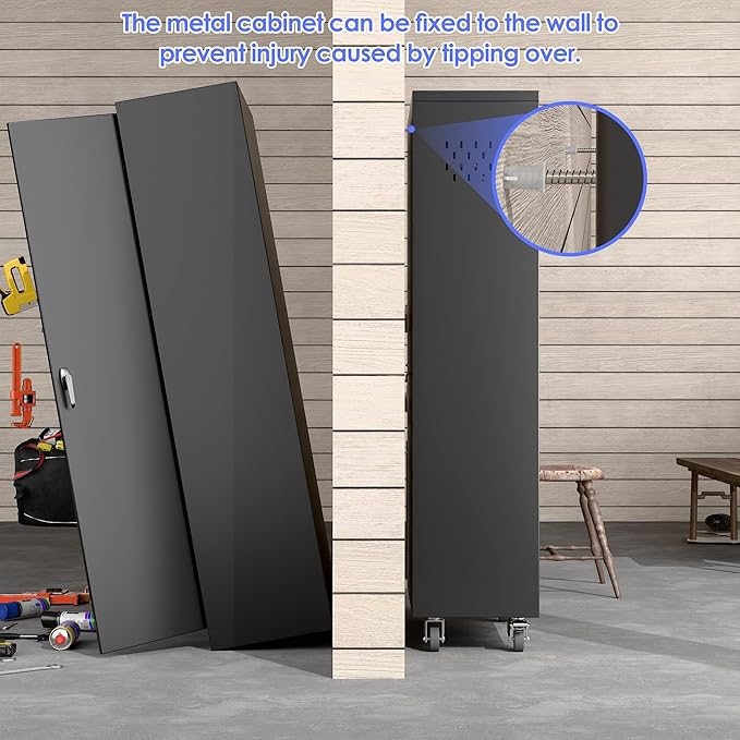 61.7"H Metal Garage Storage Cabinet with Wheels and Hanging Rod,Broom Closet Storage Cabinet with Pegboard and 4 Adjustable Shelves with 120LBS for Garage Home Office School,Required Assembly,Black