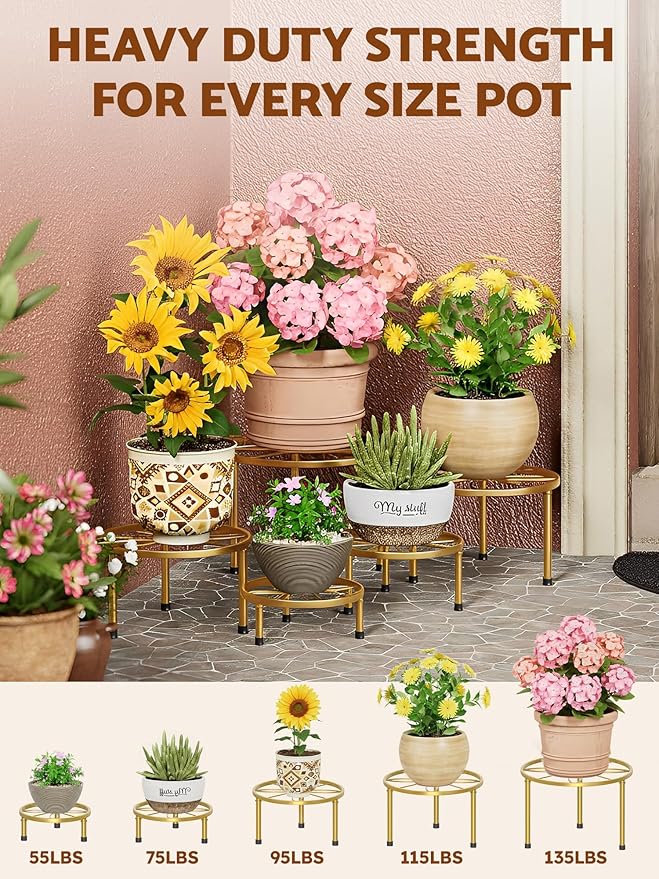 5 Pack Metal Corner Plant Stand Outdoor Indoor, Heavy Duty Flower Pots Stand for Multiple Plants, Anti-Rust Iron Plant Stands, Round Potted Plant Holder for Garden(GoldLeaf)