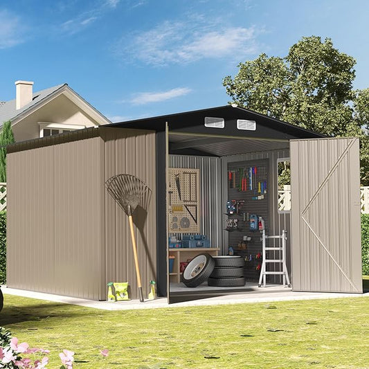 8×10 FT Metal Tool Storage Shed with Window, Weather Resistant Outdoor Storage Shed with Lockable Double Doors for Backyard, Patio Lawn, Garden