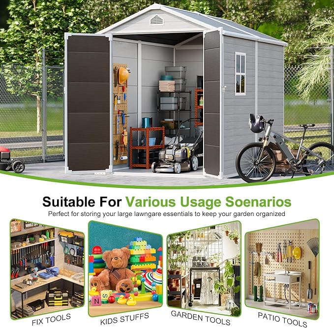 Plastic Sheds 6x8 Shed Resin Outdoor Storage with Floor Included, All-Weather Lockable Garden Tool Storage Cabinet