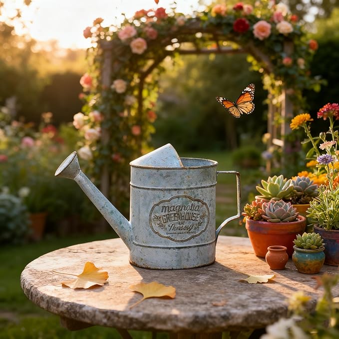 Vintage Metal Watering Can with Magnolia Greenhouse & Nursery Design Garden Decorative Watering Pot Farmhouse Waterer for Home Indoor Outdoor Garden Balcony Courtyard (Gray)