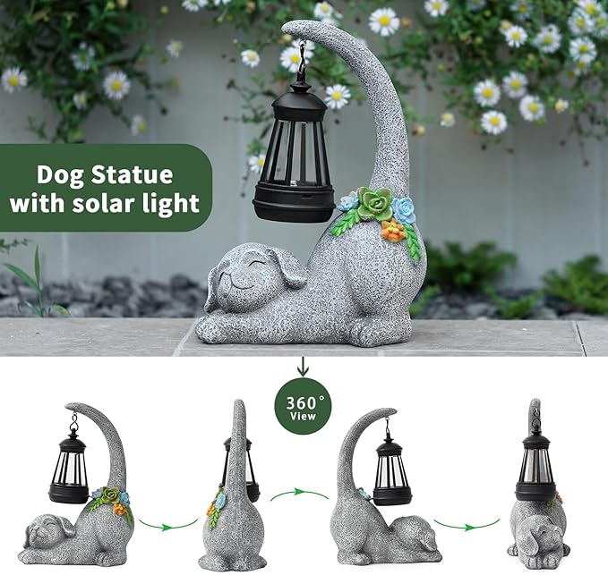 Garden Cute Dog Gnome Statue Decorations - Solar Resin Dog with Solar Garden Lights Outdoor Decorations for Patio,Yard,Lawn,