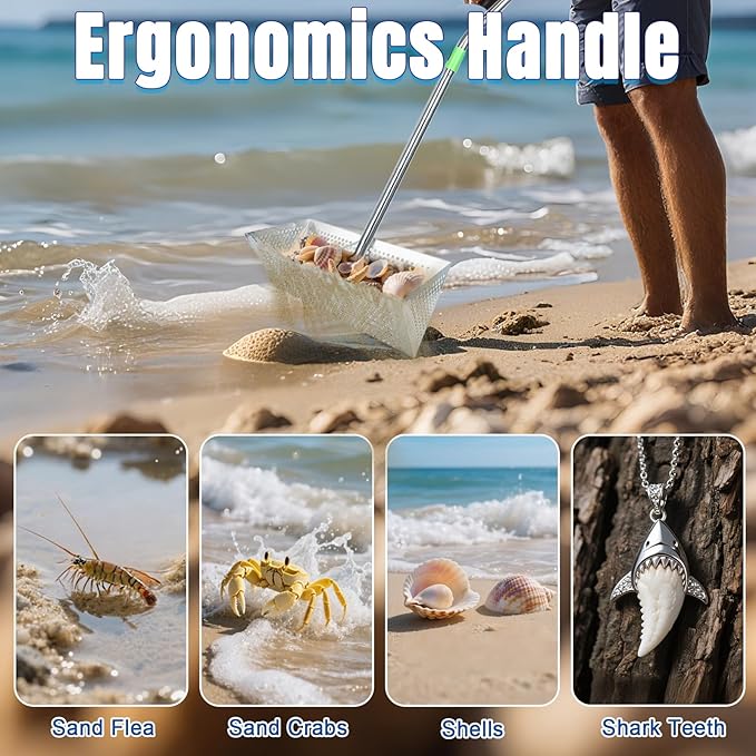 Sand Fleas Rake Set,Detachable 57 Inches Long Handle,Curved Handle Design,Includes Sand Flea Rake,1*Beach Bag,1* Beach Mesh Shovel,1*Black Shovel,1*Crab Claw Pick,One Pair of Gloves
