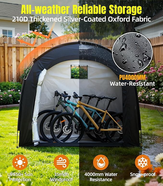 Housolution Bike Storage Tent Shed for 3 Bikes, Outdoor Portable 210D Oxford Thick PU4000 Waterproof Bike Cover with Ventilated Window, Bike Tent Fit for Bicycle, Lawn Mower, Garden Tools