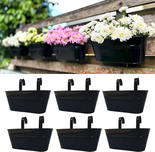 LaLaGreen Outdoor Plants Rail Planter Plants (6 Pack, 11.2 Inch) Black Metal Iron Hanging Flower Pots Deck Railings Fence Buckets Modern Style Wall Mount Window Box Plant Holder with Hooks Porch Decor