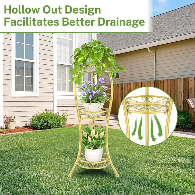 iDavosic.ly 3 Tier Tall Metal Plant Stand Indoor Outdoor, Wrought Iron Corner Flower Pot Holder Shelf, 34 Inch Vertical Display Rack for Patio Porch Living Room Garden, Gold
