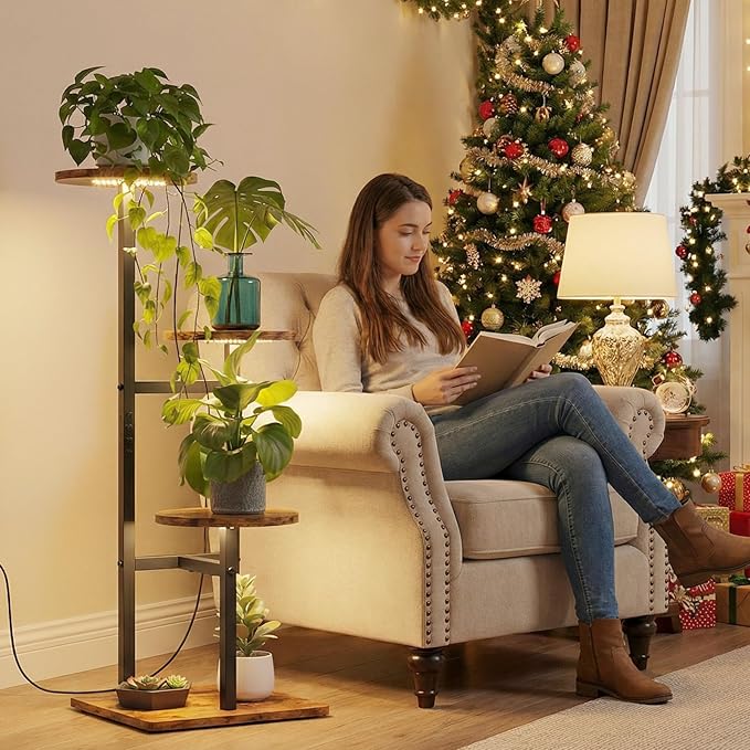 3 Tier Plant Stand Indoor with Grow Light, Tiered Plant Stands for Indoor Plants Multiple, Corner Flower Stand for Living Room, Multi-Layer Vintage Design Plant Shelf