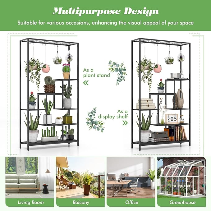 Giantex 71" Tall Plant Stand Indoor, 6-Tier Metal Plant Shelf with 10 Hanging Hooks, Multiple Potted Flower Bonsai Pots Display Rack for Indoor, Balcony, Living Room (Black)