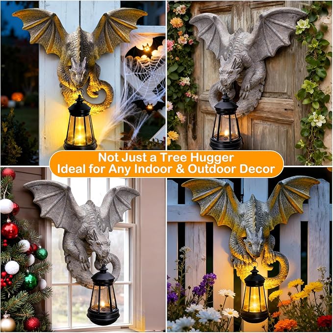 Dragon Tree Hugger Garden Statue - 9.8 Inch Resin Dragon Wall Hanger Sculptures Decor with Solar Lantern Lights, Outdoor Waterproof for Balcony Wall Porch Yard, Gifts for Mom Women Grandma Christmas