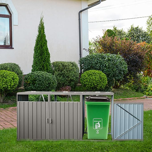 Garbage Bin Storage Shed for 3 Trash Cans Outdoor Metal Enclosure Charcoal Galvanized Steel Garbage Can Holder Concealer Hide Utility Bin Shelter Garden Yard Lawn