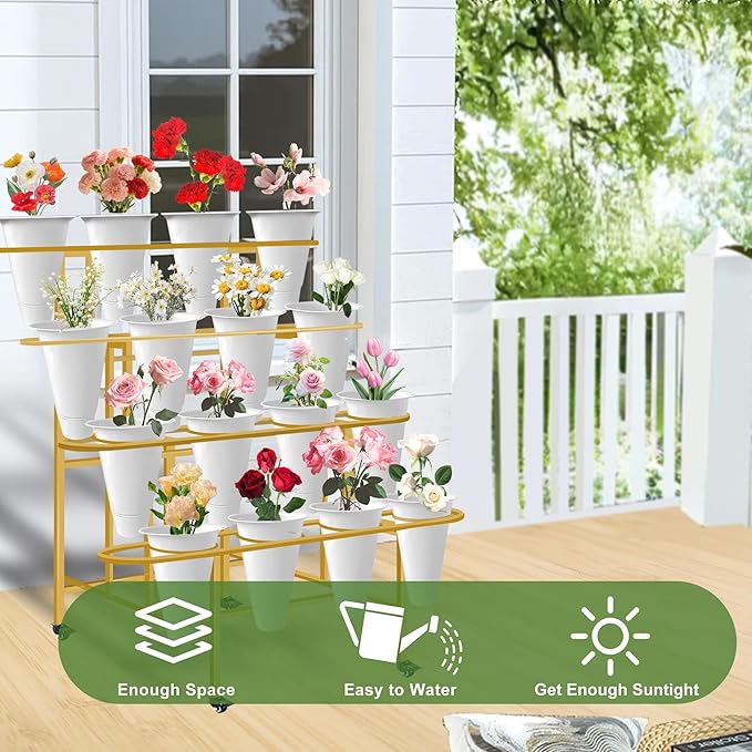 Floral Display Stand with 16 White Flower Baskets, 4-Layers Cart Display Stand with Wheels ,Sturdy Mobile Flower Bouquet Rack for Courtyard, Garden, Flower Shop, Living Room, Balcony, with Lockable Rotating Wheels (Gold)