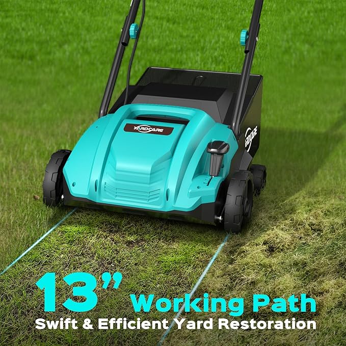 13-Inch 2-in-1 Electric Dethatcher & Scarifier, 12 Amp Lawn Tool with 8 Gal Collection Bag, Adjustable Depth, Powerful Motor for Healthier Grass
