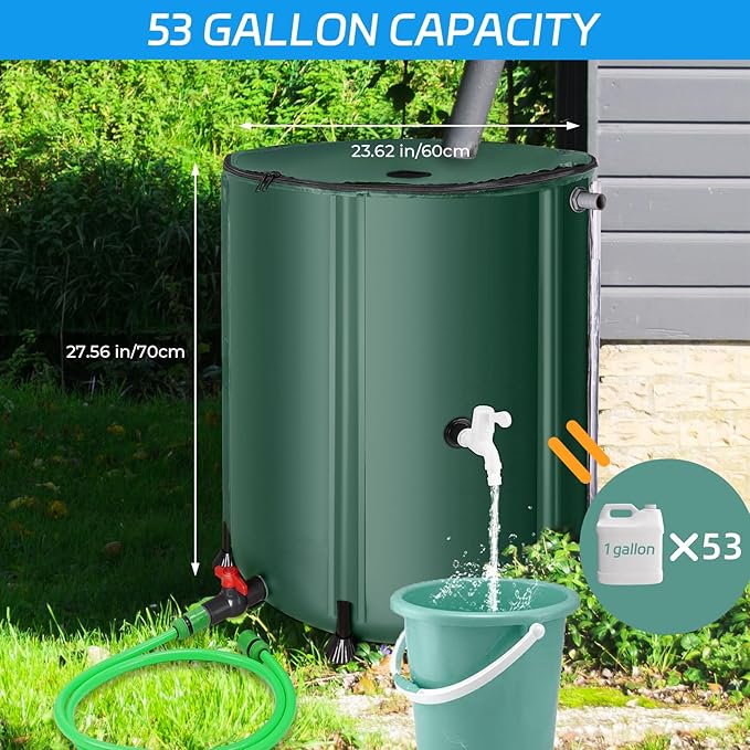 Rain Barrels to Collect Rainwater from Gutter - Portable Water Storage Tank Water Barrel Rainwater Collection System Rain Catcher Include Filter Two Spigots and Overflow Kit (53 Gallon,Green)