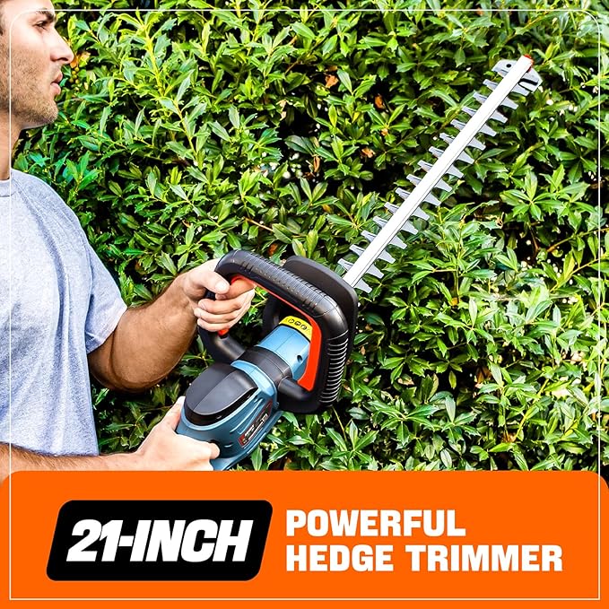 SENIX X2 20 Volt Max* 21-Inch Battery Powered Cordless Hedge Trimmer, Brushless Motor, Double-Sided Dual Action Blades, 3/4" Cutting Capacity, Includes Blade Cover, 2.5 Ah Battery & Charger (HTX2-M)