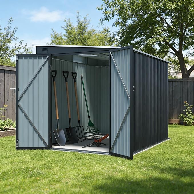 6x8 FT Lean to Shed with Lockable Double Doors, Metal Outdoor Storage Shed with Free PC Light Board for Tools, Outside Storage Shed Waterproof for Backyard, Garden, Patio