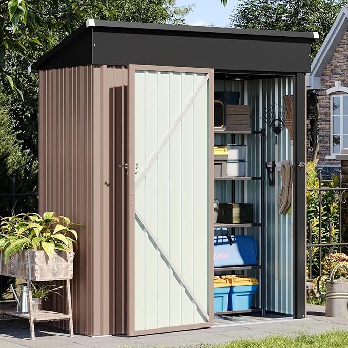 Aoxun 5’ x 2.9’ Shed Outdoor Storage Shed with Base Frame & Lockable Doors & Slooping Roof Metal Garden Tool Shed for Backyard, Patio, Poolside (Brown)