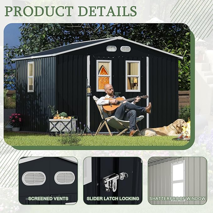 8x10 SF Outdoor Storage Shed,Metal Shed with Lockable Doors & 4 Daylight Windows,Garden Tool Shed w/Air Vents & Sloped Roof, Ideal for Backyard,Patio,Lawn,Dark Gray