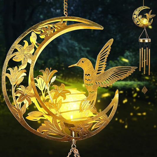 Moon Hummingbird Wind Chime Outdoor, Handcrafted Metal Garden Wind Chimes with Hummingbird Charms, Melodic Wind Bells for Patio Porch Decor, Weatherproof Gift for Nature Lovers & Bird Watchers