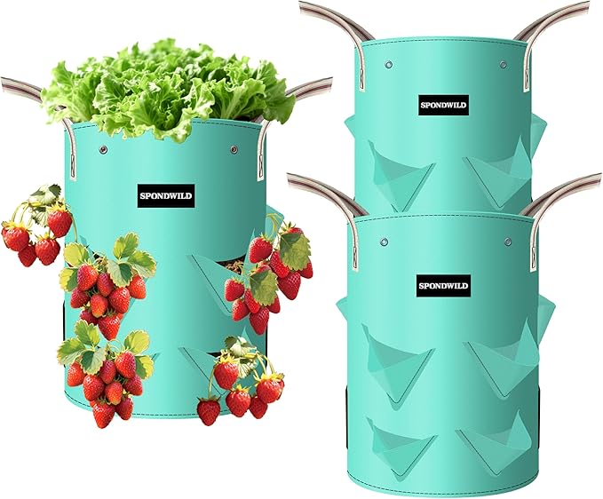 3 Pack 10 Gallon Strawberry Grow Bags, Heavy Duty PE Plant Pots with Breathable Windows and Drainage Holes, Ideal for Strawberries, Veggies, Flowers and Balcony