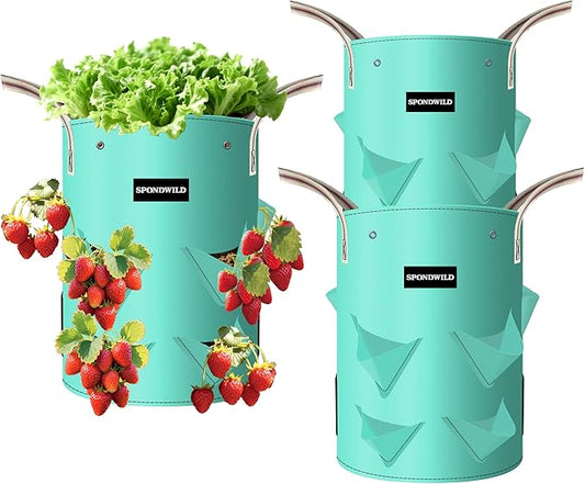 3 Pack 10 Gallon Strawberry Grow Bags, Heavy Duty PE Plant Pots with Breathable Windows and Drainage Holes, Ideal for Strawberries, Veggies, Flowers and Balcony
