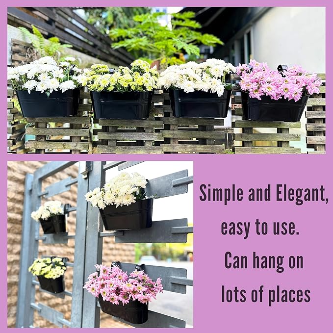 LaLaGreen Outdoor Rail Planter (8 Pack, 9.8 Inch) Small and Cute Black Metal Iron Hanging Flower Pots Deck Railings Fence Buckets Countryside Style Wall Mount Window Box Plant Holder Hooks Porch Decor