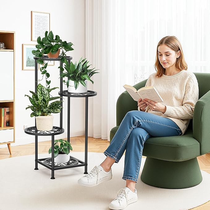 4 Tier Plant Stand Indoor Outdoor, Metal Flower Shelf Display Holder, Multiple Plants Corner Tall Flower Holders for Patio Balcony Porch Garden Living Room (Black)