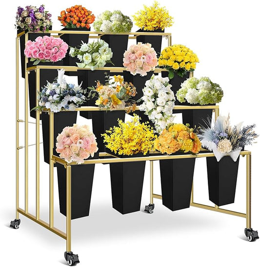 Flower Display Stand with Buckets, 4 Layers 16PCS Buckets Metal Flower Cart Display Stand with Wheels, for Patio Garden, Living Room (4 Layers Black Square Bucket)