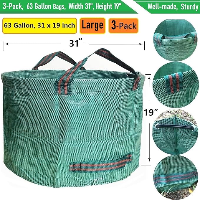 Professional 3-Pack 63 Gallon Lawn Garden Bags Large (D31,H19 inch) Yard Waste Bags W/Gardening Gloves,Standable,Reusable Leaf Bag,Lawn Debris Bin,Garden Trash Container,Plant Trimmings Bag 4 Handles