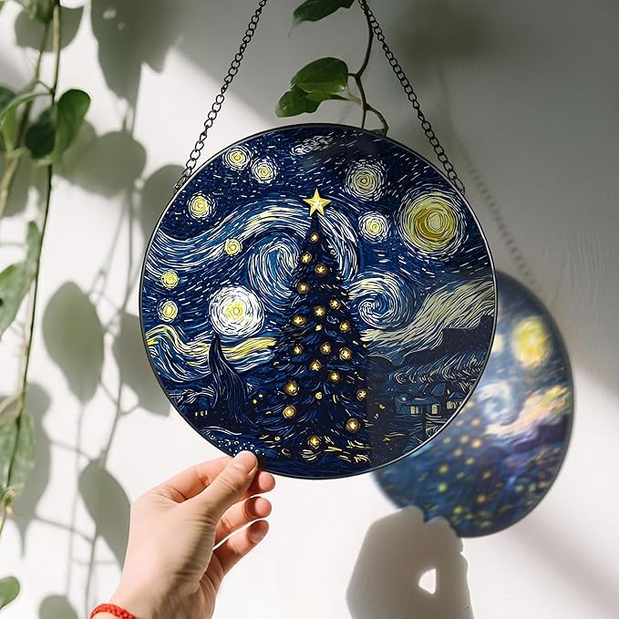 8-Inch Starry Night Christmas Tree Suncatcher Ornament, Stained Glass Window Hanging & Stained Glass Holiday Ornament, Sun Catcher Window Decor, Van Gogh’s Keepsake, Gifts for Christmas & Holidays
