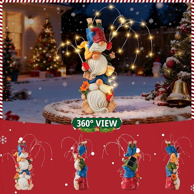 Christmas Gnomes Decorations for Yard, Triple Stacked with Firework Lights, Solar Garden Gnome Outdoor Decor Statue for Patio Lawn, Christmas Birthday Gift for Mom Grandma (11.5in)