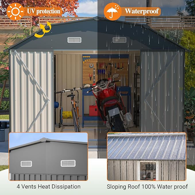 10×12 FT Outdoor Storage Shed,Heavy-Duty Metal Shed with Floor Base,All Weather Waterproof Tool Shed W/Diamond Roof & Windows,Lockable Double Door & 4 Air Vents,for Backyard,Patio,Lawn,Gray