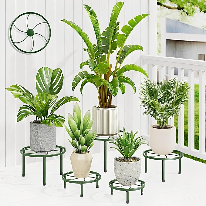5-Pack Metal Plant Stand Indoor Outdoor,Plant Stands for Patio,Rustproof Iron Garden Container Round Supports Rack for Planter,Heavy Duty Flower Pots Holder for Home(DarkGreenKite