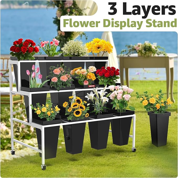3 Layers Flower Display Stand with Buckets, 12 PCS Buckets Plant Stand with Wheels, Movable Metal Plant Stand for Terrace Garden, Living Room, Florist Shop
